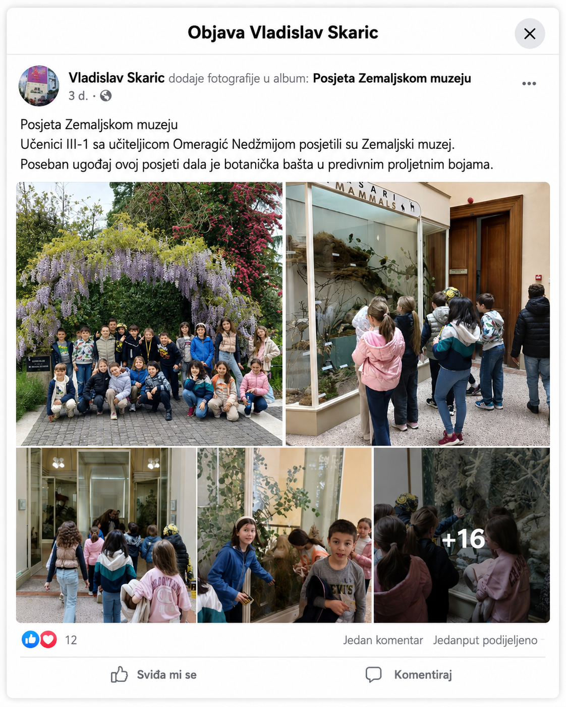 Facebook objava: Posjeta Zemaljskom muzeju